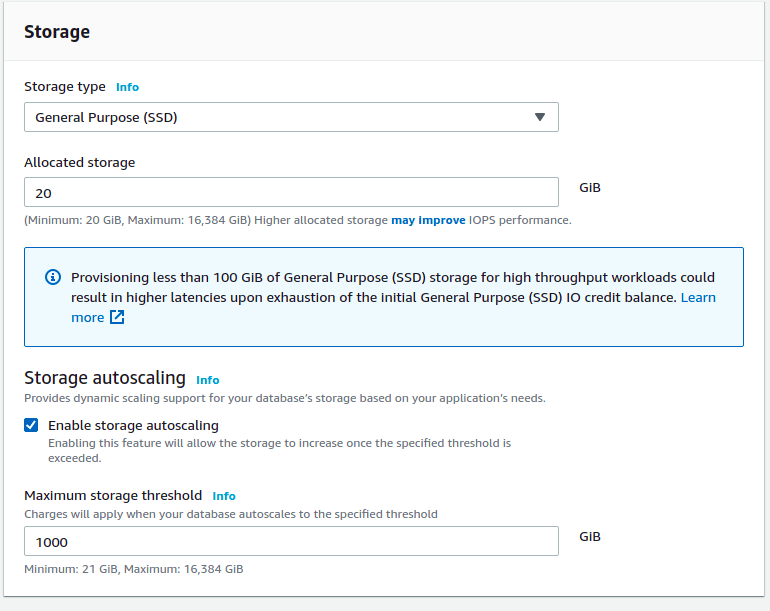 Storage Configuration Panel - AWS SQL ServerPanvel